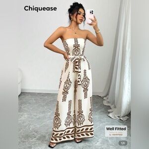Chiquease Strapless Jumpsuit with Brown Pattern